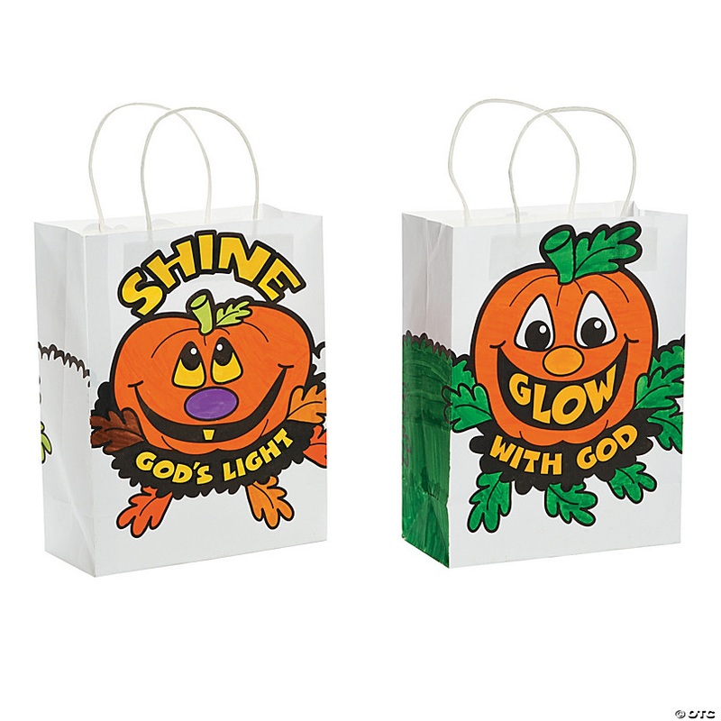Color Your Own Medium Christian Pumpkin Gift Bags - 12 Pc.
