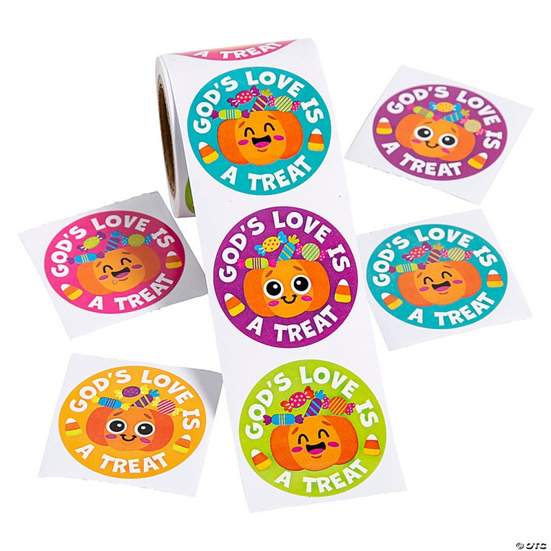 1 1/2 Religious Halloween Gods Love is a Treat Pumpkin Sticker Roll - 100 Pc.