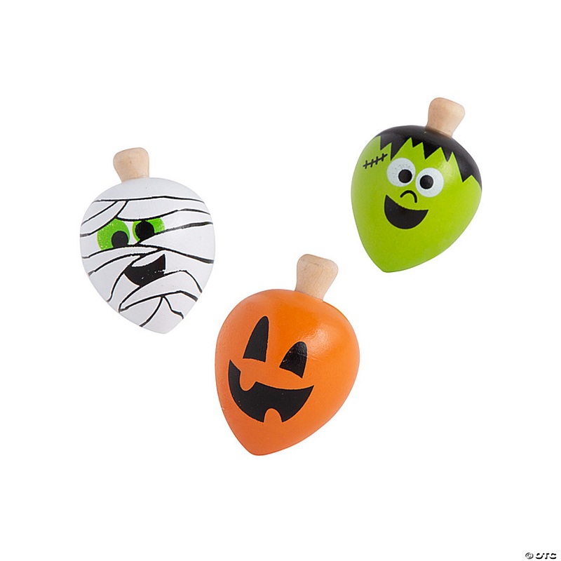 2 Happy Halloween Mummy, Jack-O'-Lantern & Frankenstein Spin Tops - 12 Pc.