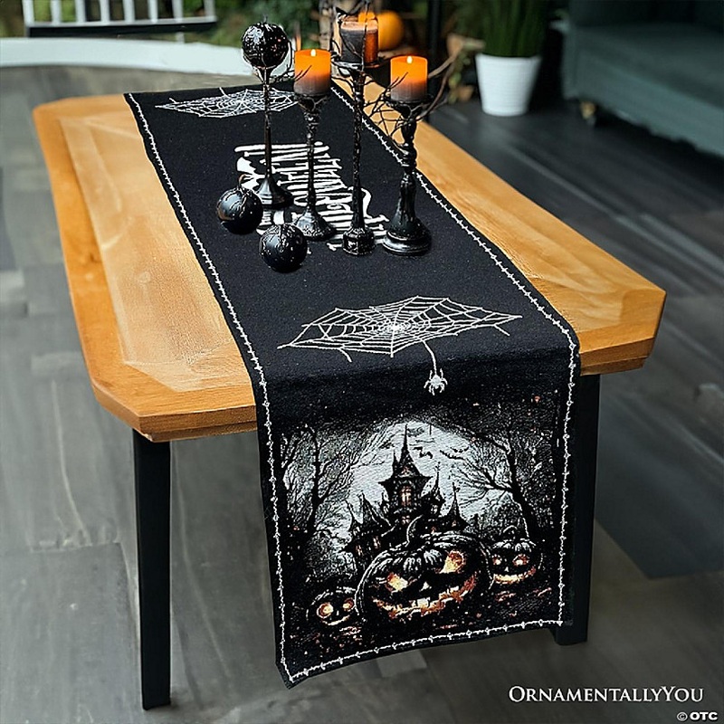 Haunted Horrors 72 Table Runner, Jacquard Halloween Home Black Tablecloth Decoration with Pumpkins and Spiderwebs, OrnamentallyYou