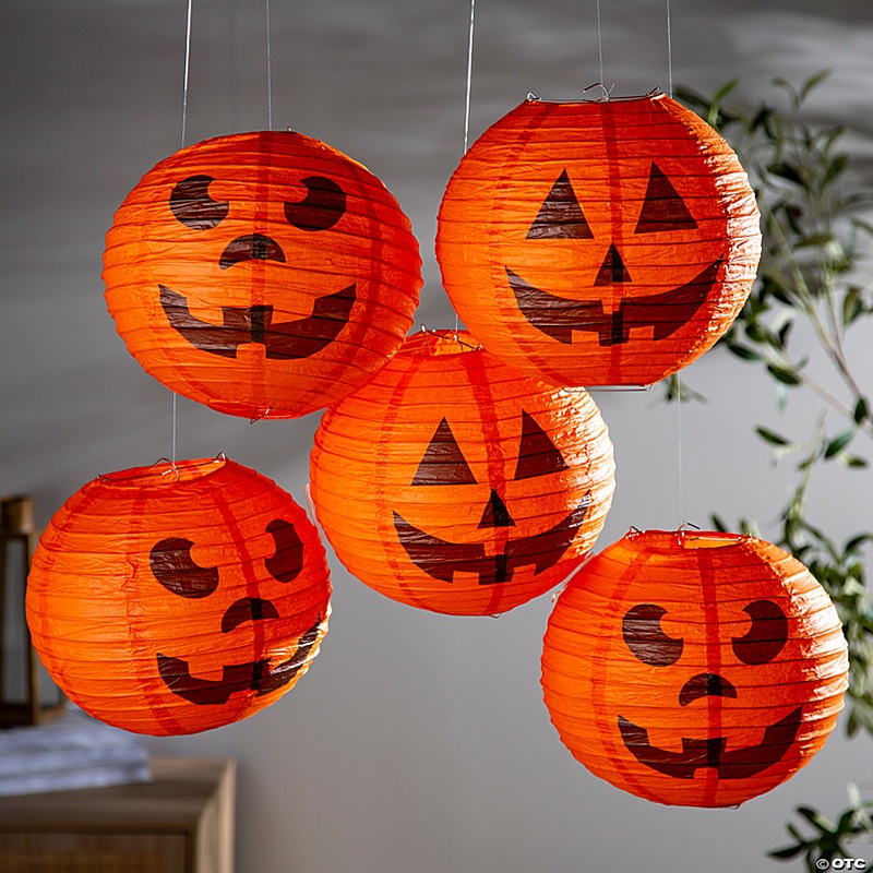 10 Jack-O-Lantern Hanging Paper Lantern Halloween Decorations - 12 Pc.