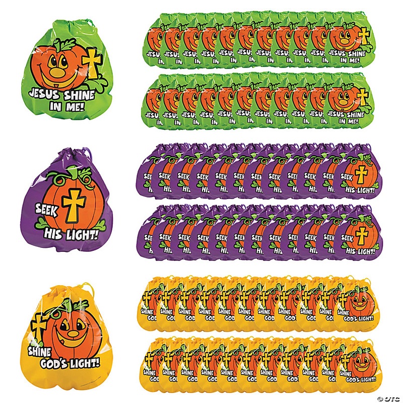 7 x 8 1/2 Bulk 72 Pc. Plastic Christian Pumpkin Drawstring Goody Bags
